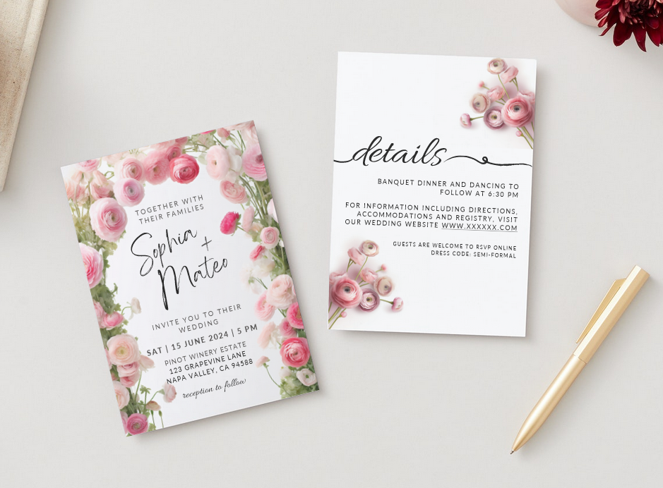 Printable DIY Wedding Invitation Templates With Pink Ranunculus Floral printable-diy-wedding-invitation-templates-with-pink-ranunculus-floral