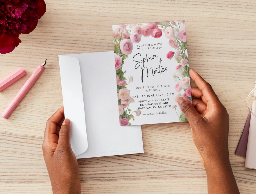 Printable DIY Wedding Invitation Templates With Pink Ranunculus Floral printable-diy-wedding-invitation-templates-with-pink-ranunculus-floral