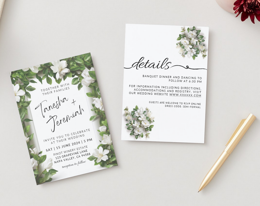 Printable DIY Wedding Invitation Templates with White Gardenia Floral Design - Customizable Edit and Print (Includes Invitation, RSVP, and Details Card) - Luna Bazaar | Boho &amp; Vintage Style Decor