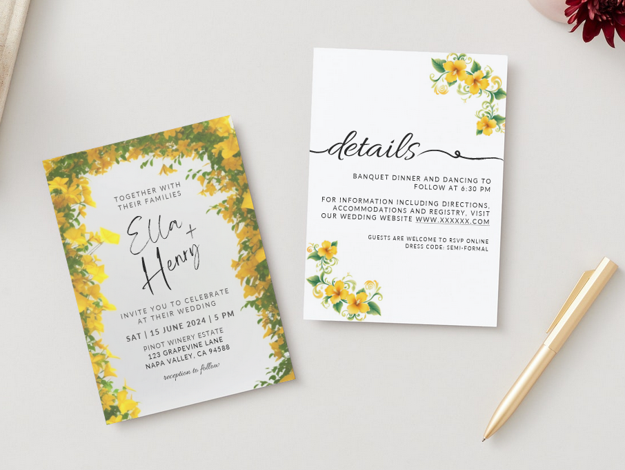 Printable DIY Wedding Invitation Templates with Yellow Mandevilla Floral Design - Customizable Edit and Print (Includes Invitation, RSVP, and Details Card) - Luna Bazaar | Boho &amp; Vintage Style Decor
