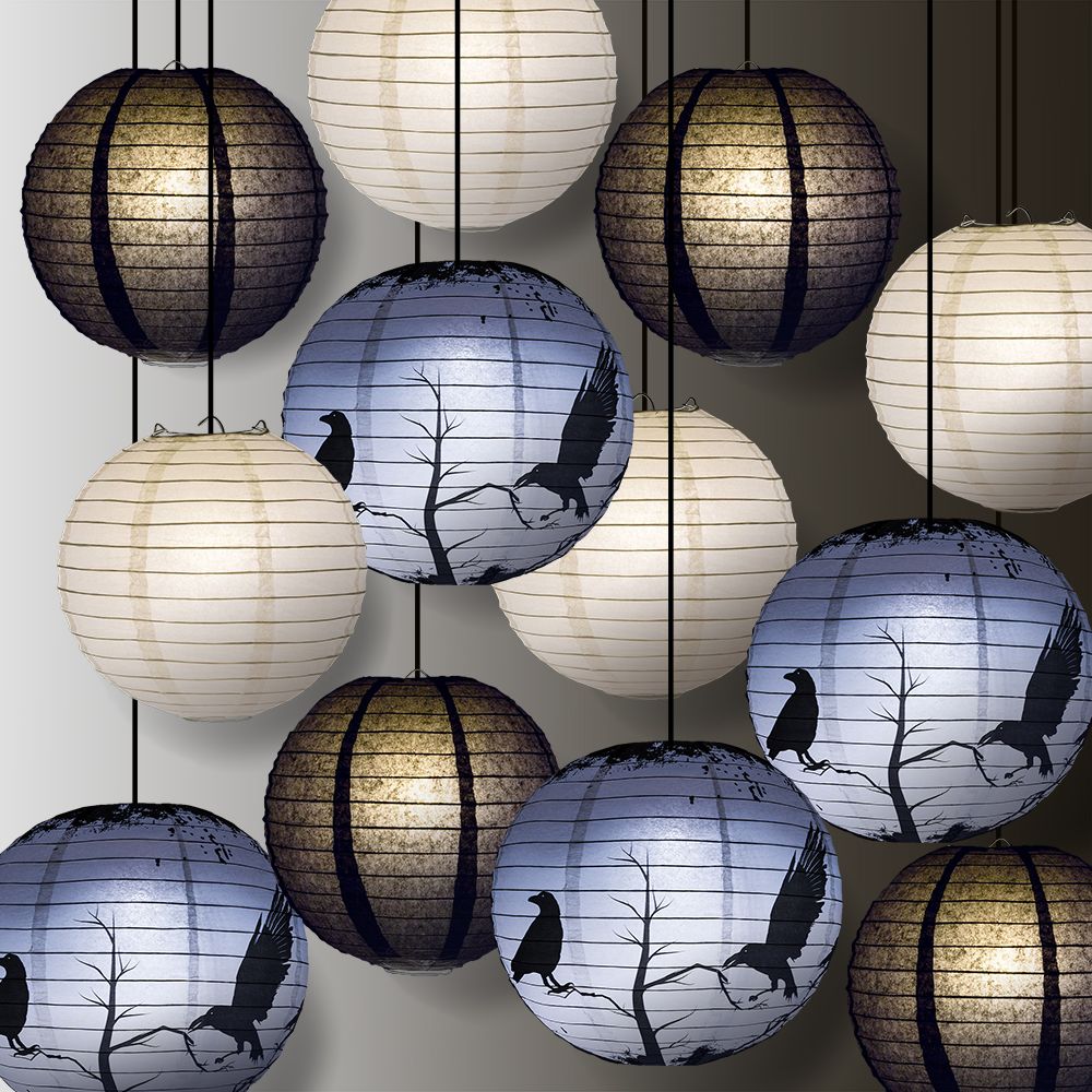Halloween 12-Piece Black Crows Paper Lantern Party Pack Set, Assorted Hanging Decoration - PaperLanternStore.com - Paper Lanterns, Decor, Party Lights & More