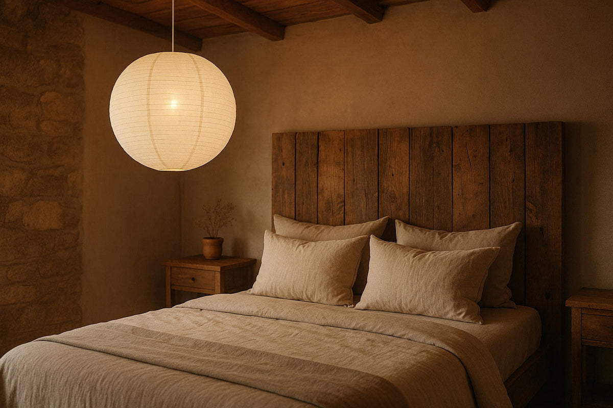 Large Round Linen Fabric Lantern Lampshade, Handcrafted, Durable, White Beige (20"W x 20"H) - Luna Bazaar | Boho & Vintage Style Decor