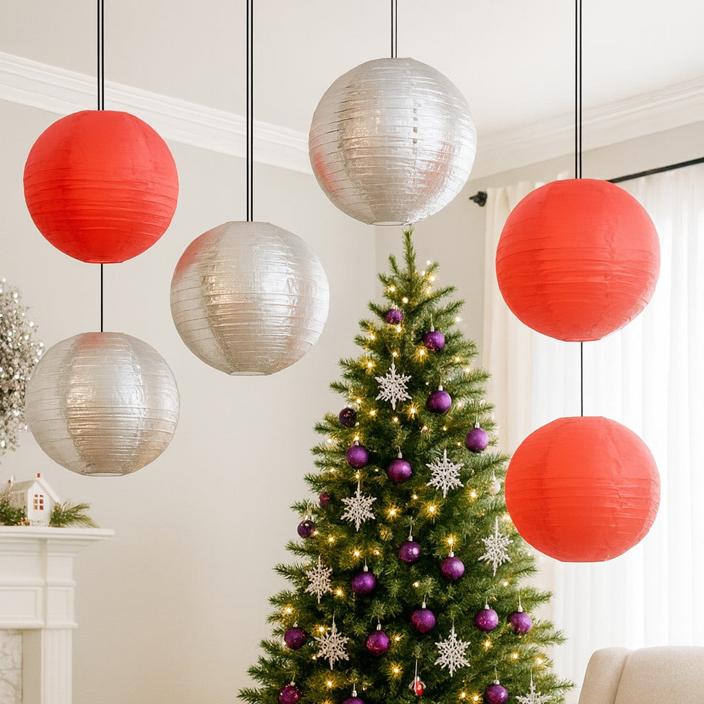 8 PACK | Festive Holiday Nylon Lanterns, Silver Red Combo Set - Luna Bazaar | Boho & Vintage Style Decor