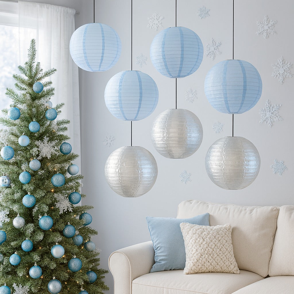 8 PACK | Winter Holiday Nylon Lanterns, Silver Blue Combo Set - Luna Bazaar | Boho & Vintage Style Decor
