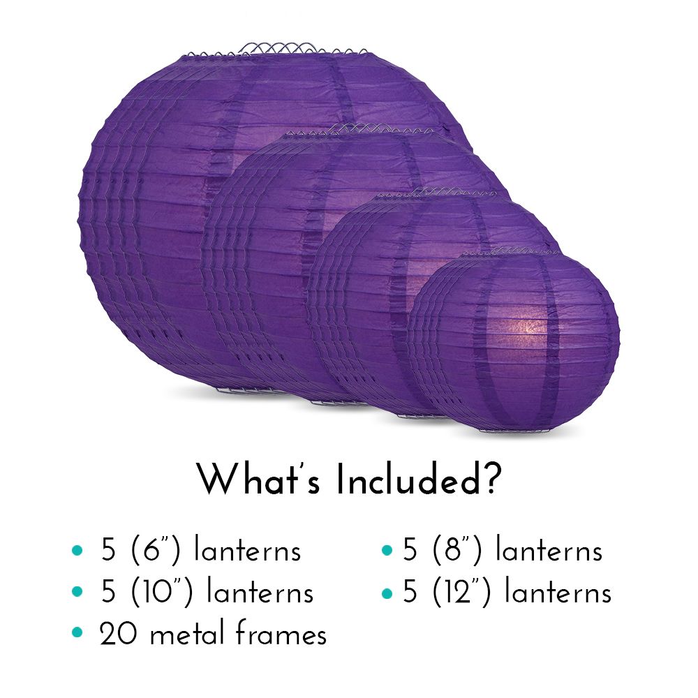 Ultimate 20pc Dark Purple Paper Lantern Party Pack - Assorted Sizes of 6, 8, 10, 12 for Weddings, Birthday, Parallelts and Decor - PaperLanternStore.com - Paper Lanterns, Decor, Party Lights & More