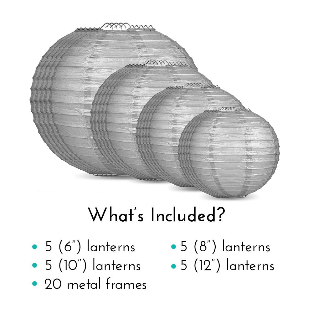 Ultimate 20pc Silver Paper Lantern Party Pack - Assorted Sizes of 6, 8, 10, 12 for Weddings, Birthday, Parallelts and Decor - PaperLanternStore.com - Paper Lanterns, Decor, Party Lights & More