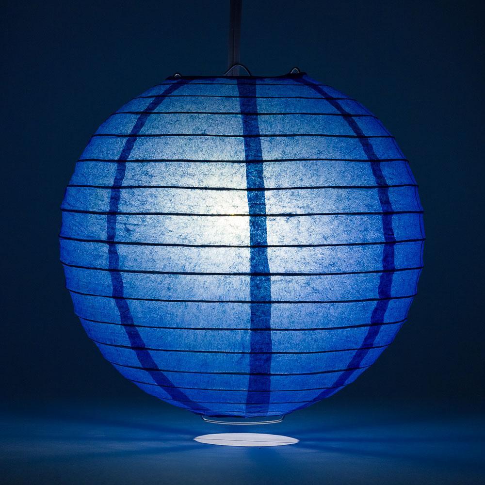 Lit Dark Blue Round Paper Lantern, Even Ribbing, Chinese Hanging Wedding &amp; Party Decoration