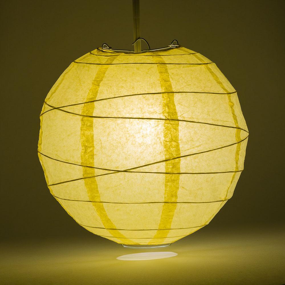 Lit Lemon Yellow Chiffon Free-Style Ribbing Round Paper Lantern