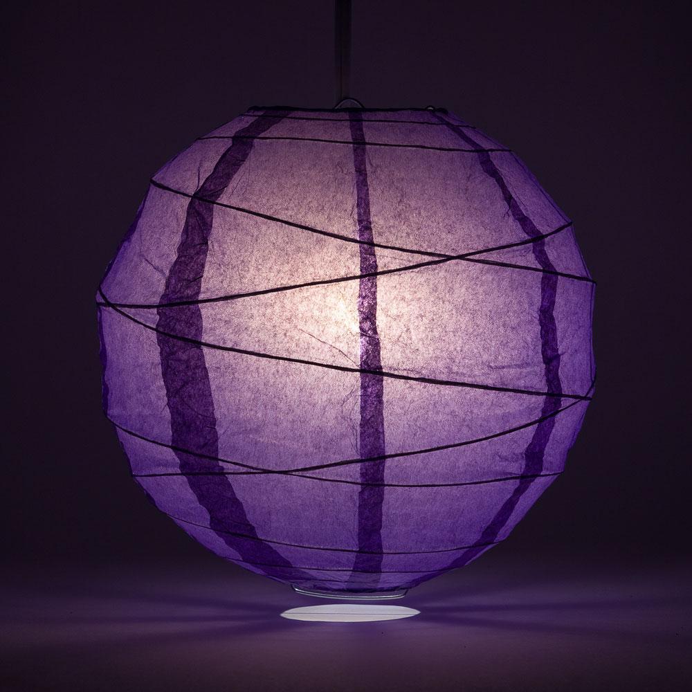Lit Royal Purple Free-Style Ribbing Round Paper Lantern