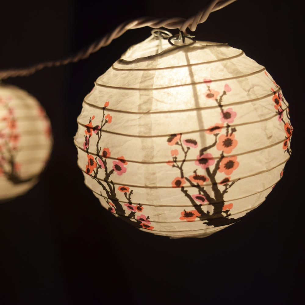 10 Socket Cherry Blossom / Sakura Round Paper Lantern Party String Lights (4&quot; Lanterns, Expandable) - Luna Bazaar | Boho &amp; Vintage Style Decor