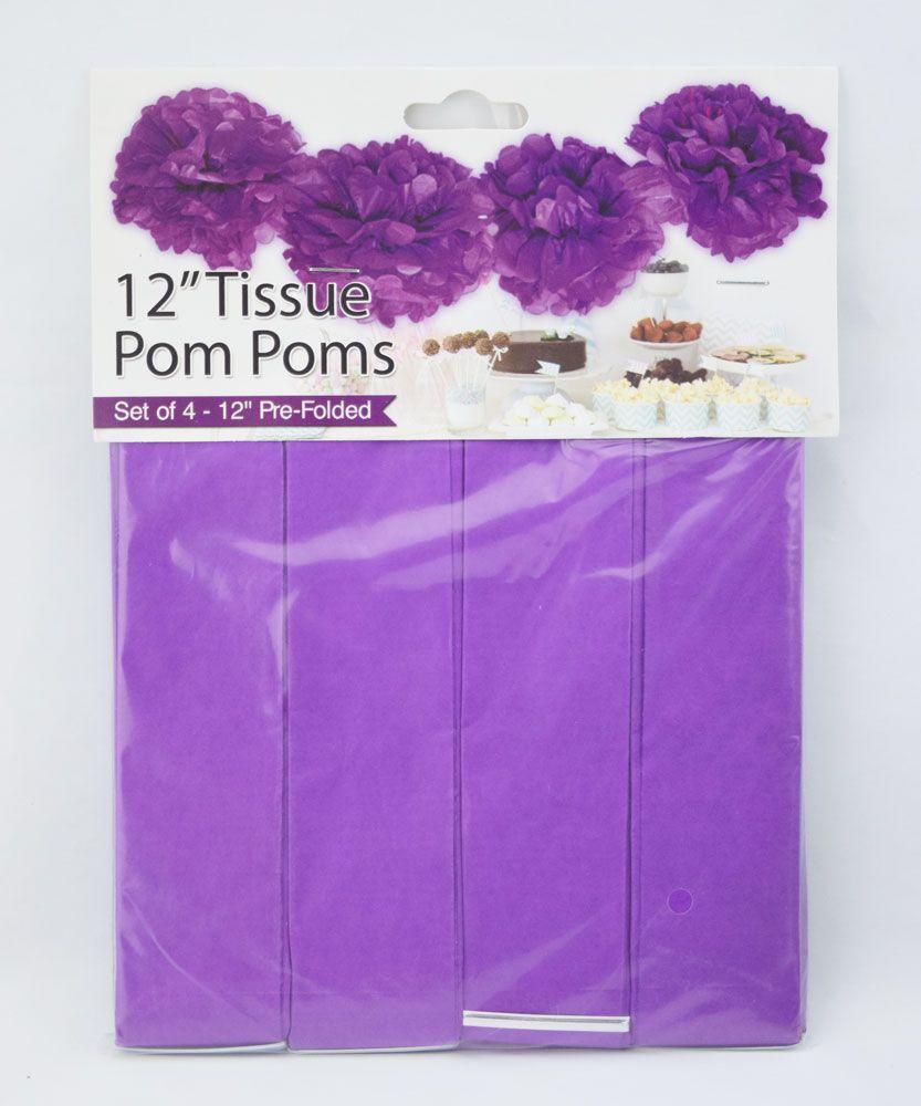 Blowout EZ-Fluff 12 Dark Purple Tissue Paper Pom Poms Flowers Balls, Decorations (4 Pack)