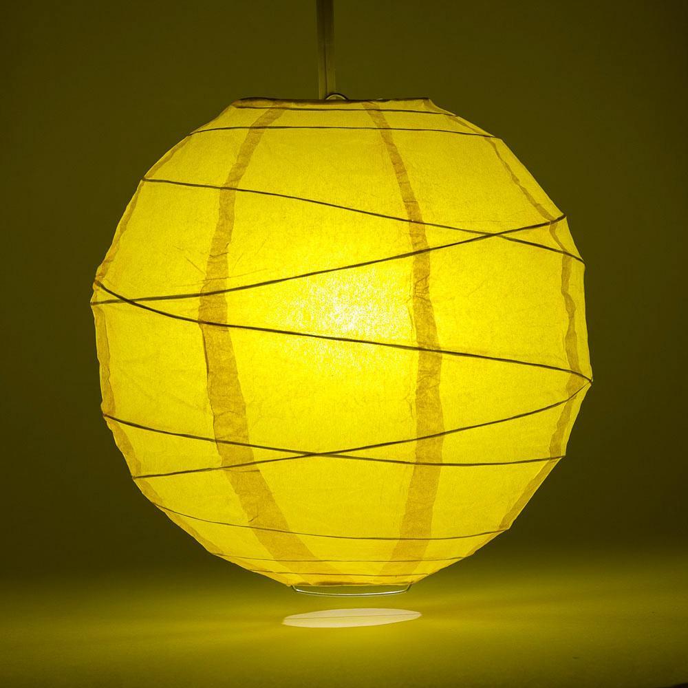 Lit Yellow Free-Style Ribbing Round Paper Lantern