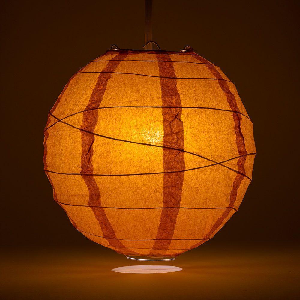 Lit Persimmon Orange Free-Style Ribbing Round Paper Lantern