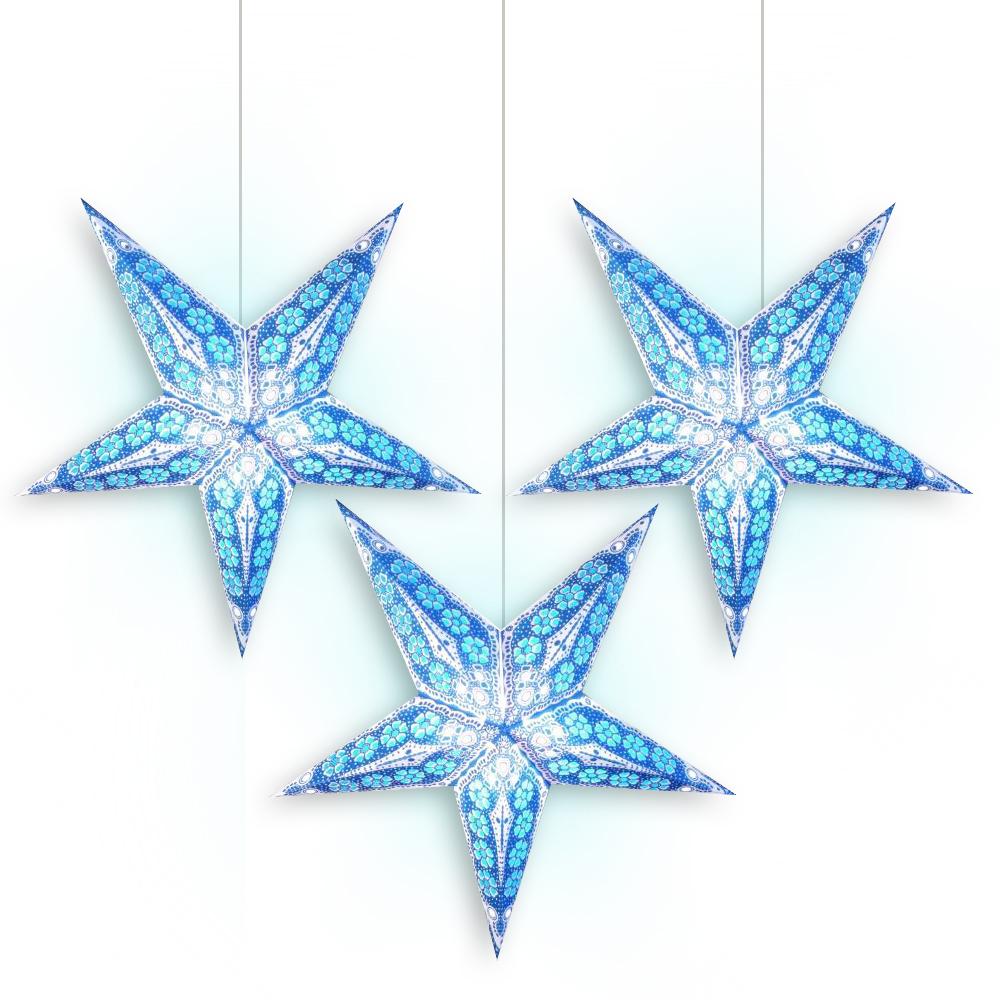 3-PACK + Cord | Blue Petal Cut 24 Inch Illuminated Paper Star Lanterns and Lamp Cord Hanging Decorations - LunaBazaar.com - Discover. Decorate. Celebrate.