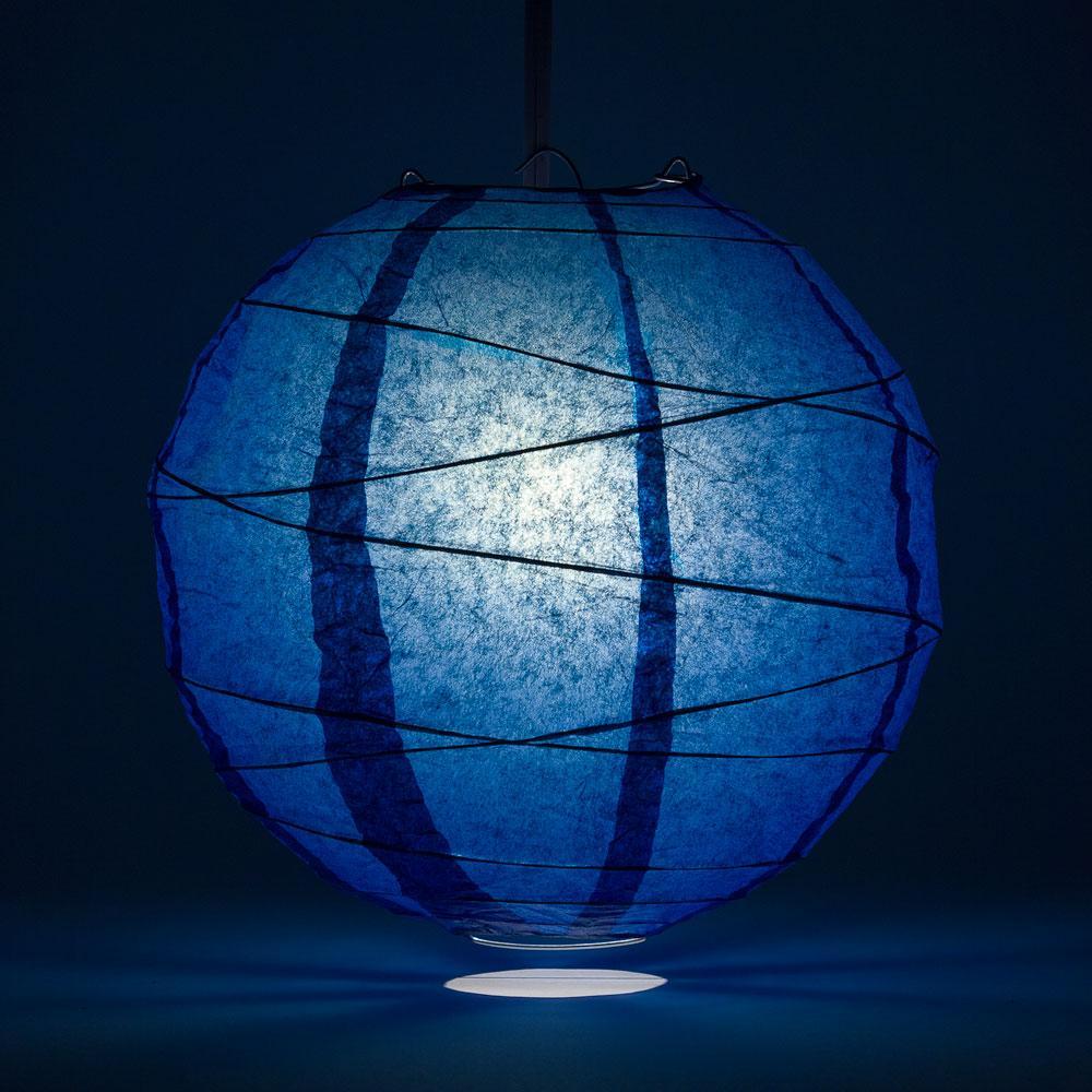 Lit Navy Blue Free-Style Ribbing Round Paper Lantern