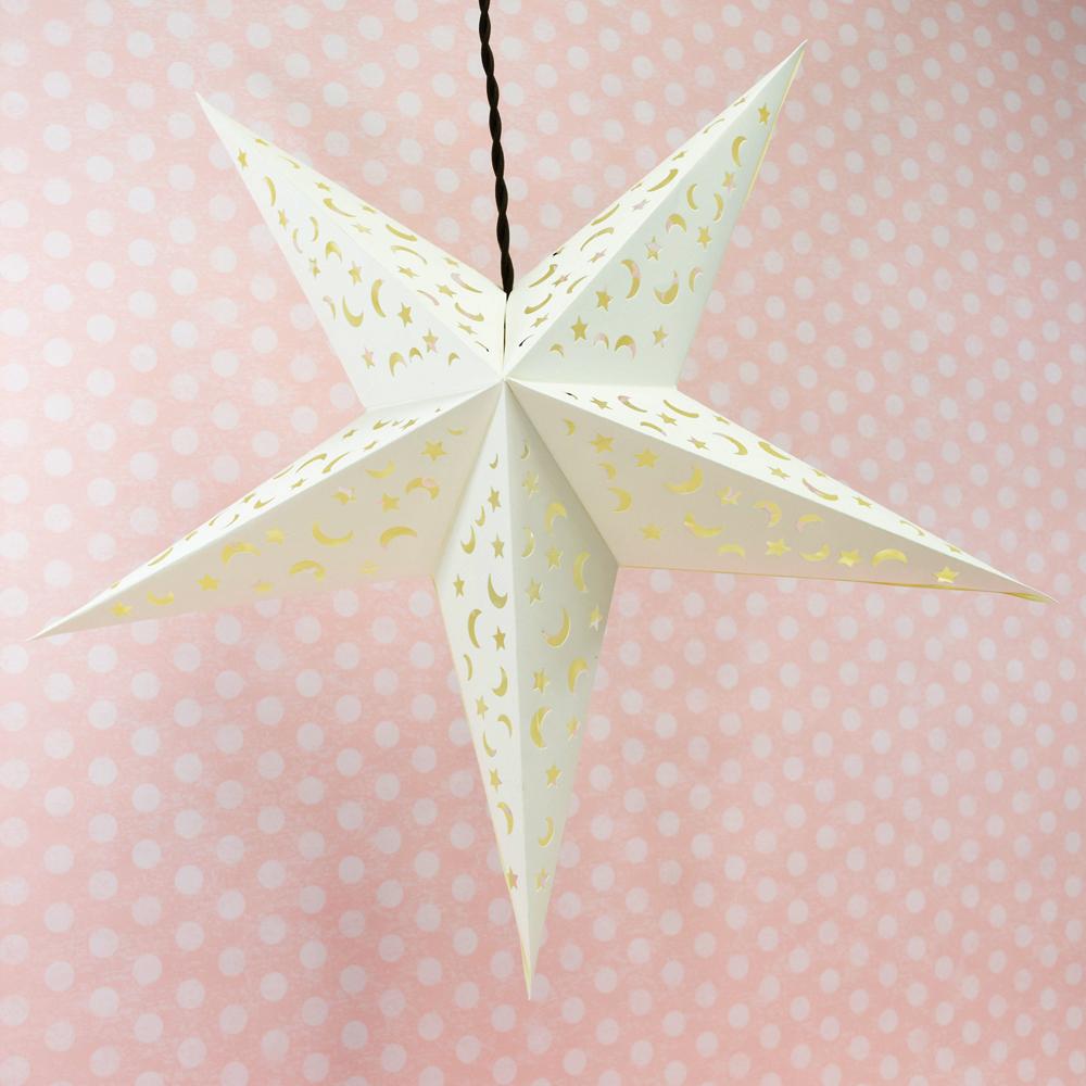 24&quot; White Star Moon Cut-Out Paper Star Lantern, Hanging Wedding &amp; Party Decoration - Luna Bazaar | Boho &amp; Vintage Style Decor