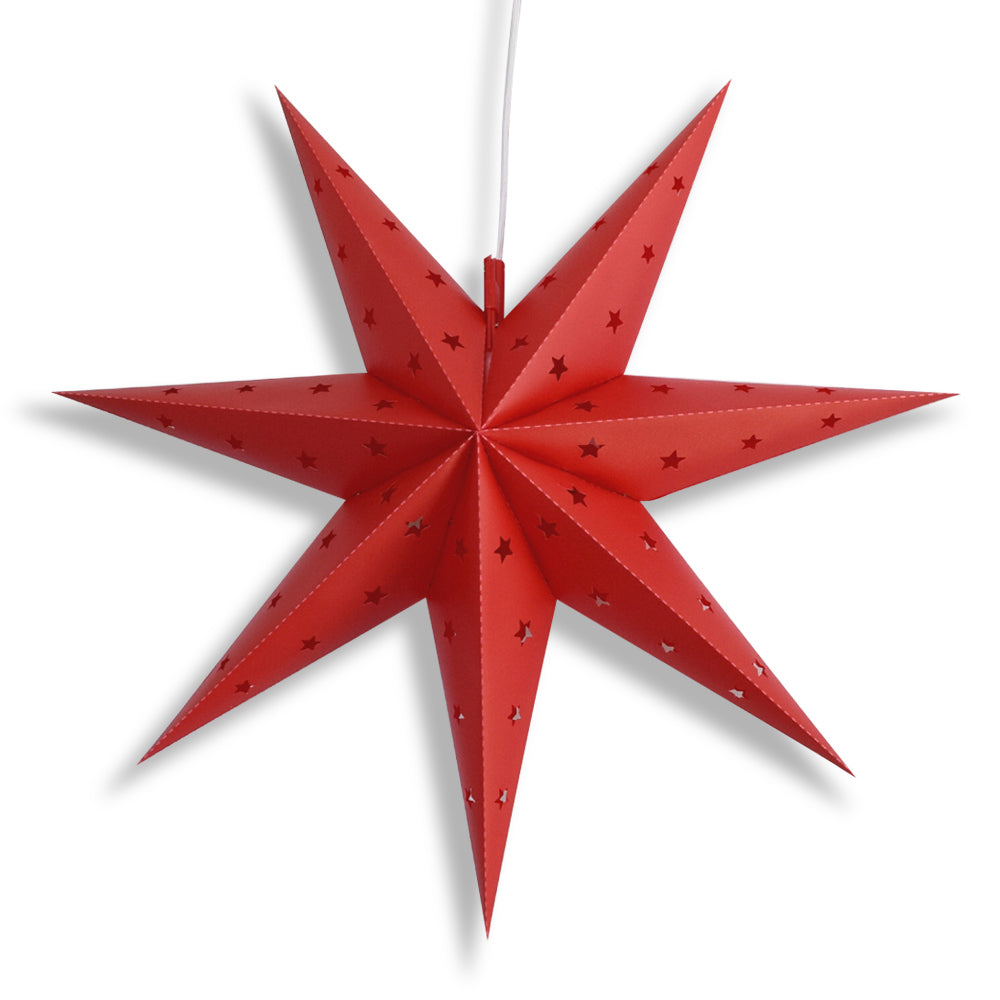 LANTERN + CORD + BULB | 24&quot; Red 7-Point Weatherproof Star Lantern Lamp, Hanging Decoration
