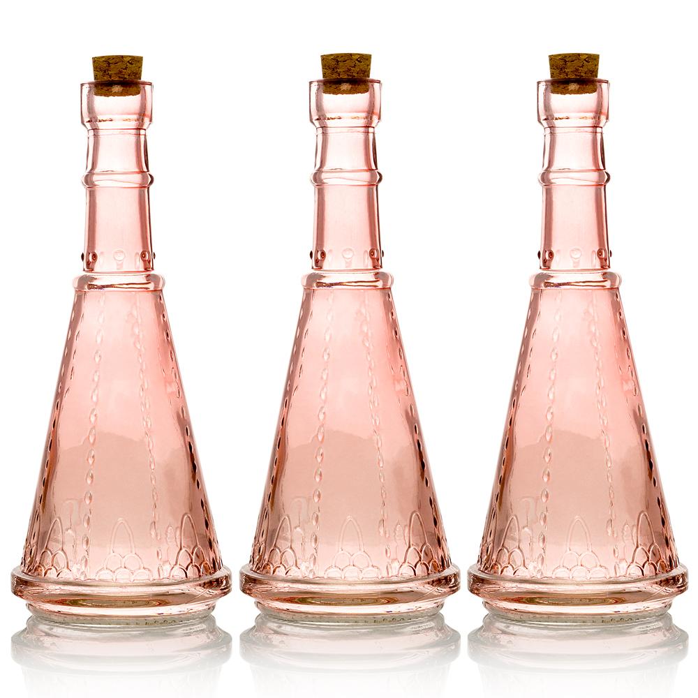 3-Pack 6.6&quot; Marguerite Pink Vintage Glass Bottle with Wedding Flower Bud Vase with Cork - Luna Bazaar | Boho &amp; Vintage Style Decor