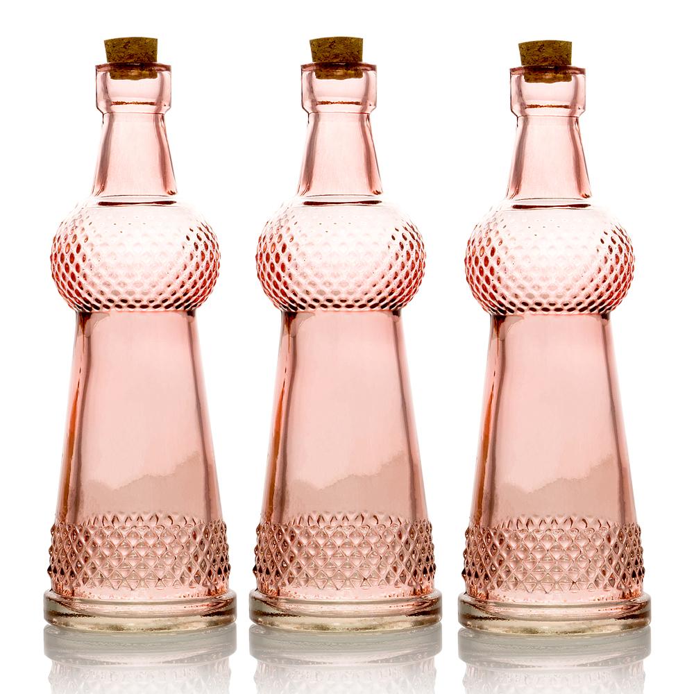 3-Pack 6.6&quot; Savannah Pink Vintage Glass Bottle with Wedding Flower Bud Vase with Cork - Luna Bazaar | Boho &amp; Vintage Style Decor