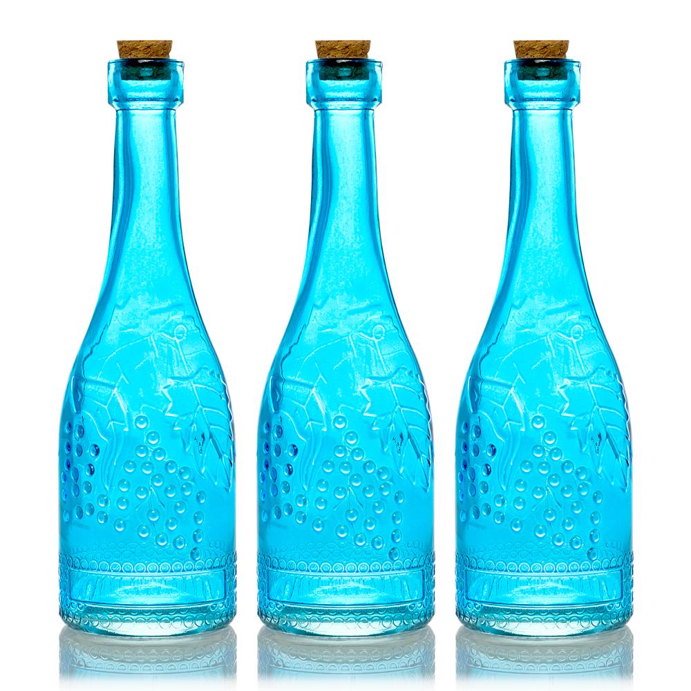 3-Pack 6.6&quot; Stella Turquoise Vintage Glass Bottle with Wedding Flower Bud Vase with Cork - Luna Bazaar | Boho &amp; Vintage Style Decor
