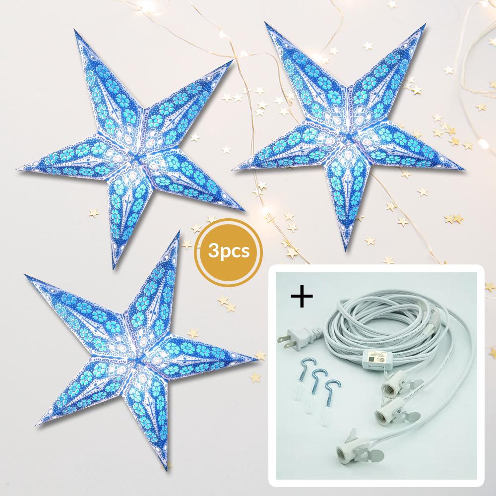 3-PACK + Cord | Blue Petal Cut 24 Inch Illuminated Paper Star Lanterns and Lamp Cord Hanging Decorations - LunaBazaar.com - Discover. Decorate. Celebrate.