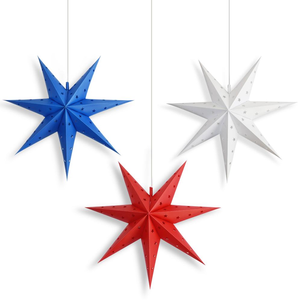 4th of July 3-Pack 7-Point Weatherproof Star Lantern Lamps, Hanging Decoration, 1x Red, 1x White, 1x Blue (Shades Only)