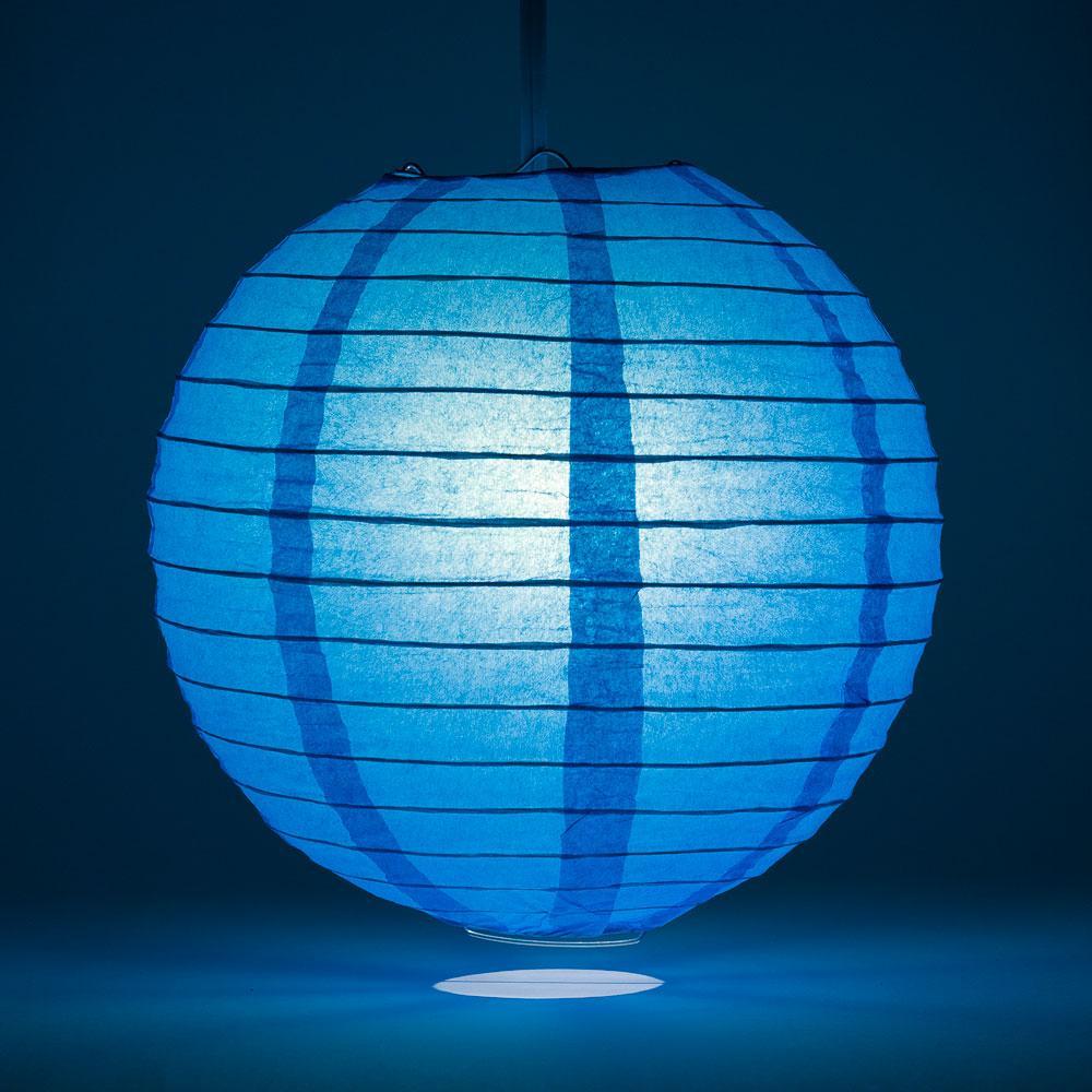 Lit Turquoise Blue Parallel Ribbing Round Paper Lantern