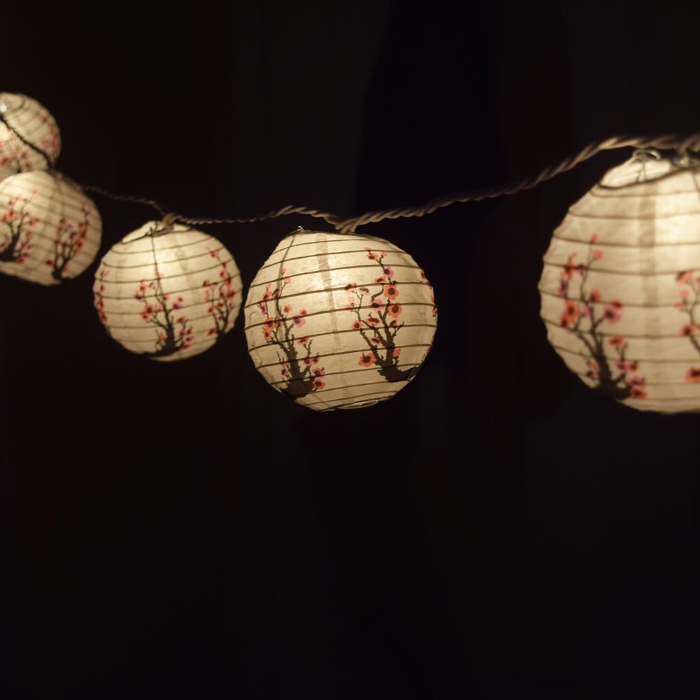 10 Socket Cherry Blossom / Sakura Round Paper Lantern Party String Lights (4" Lanterns, Expandable) - Luna Bazaar | Boho & Vintage Style Decor