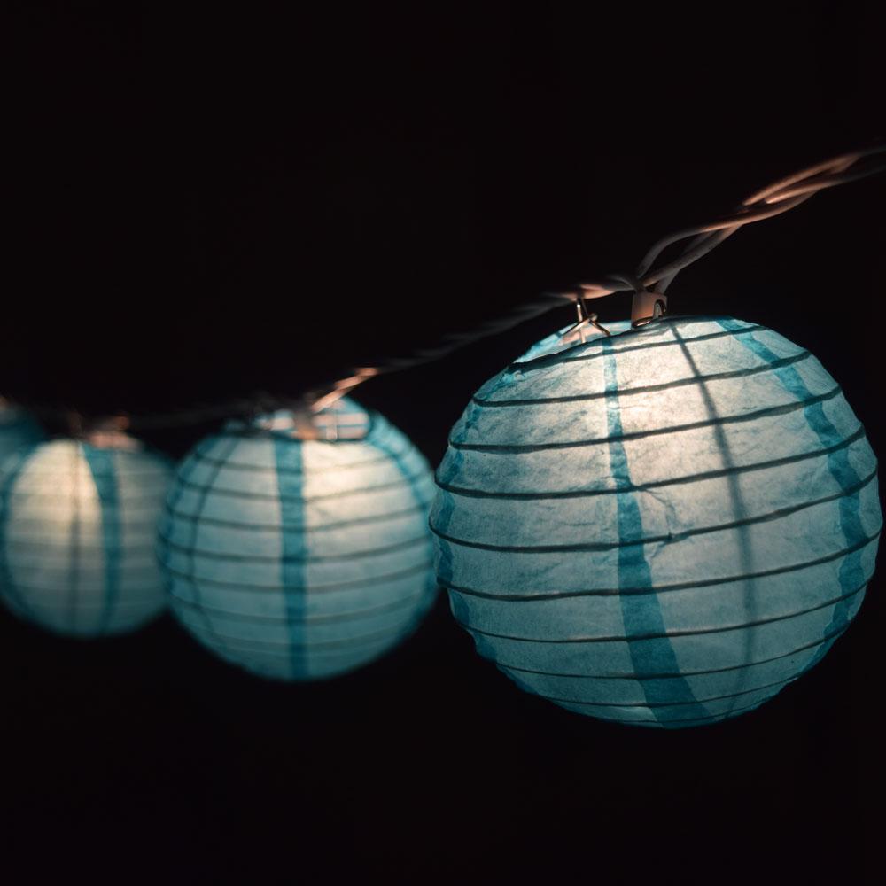 10 Socket Water Blue Round Paper Lantern Party String Lights (4&quot; Lanterns, Expandable) - Luna Bazaar | Boho &amp; Vintage Style Decor