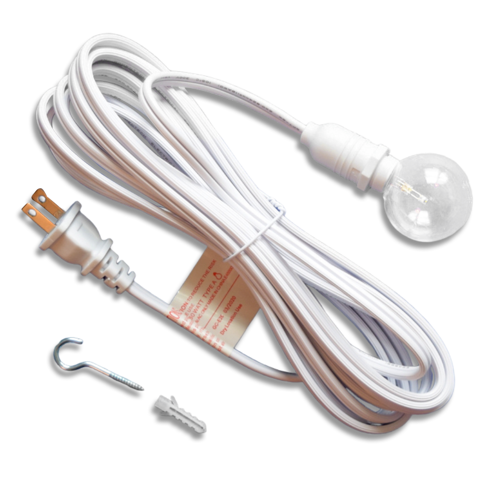 CORD + Shatterproof Bulb | White Weatherproof Outdoor Pendant Light Lamp Cord Combo Kit, E12 Base, Warm White G50 Bulb - Luna Bazaar | Boho &amp; Vintage Style Decor