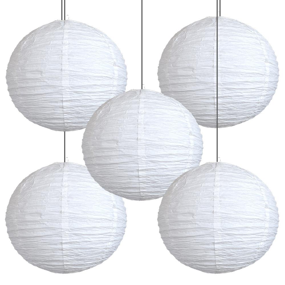 BULK PACK (5) 14 Inch White Round Crepe Paper Lanterns, Even Ribbing, Hanging Decoration - Luna Bazaar | Boho & Vintage Style Decor