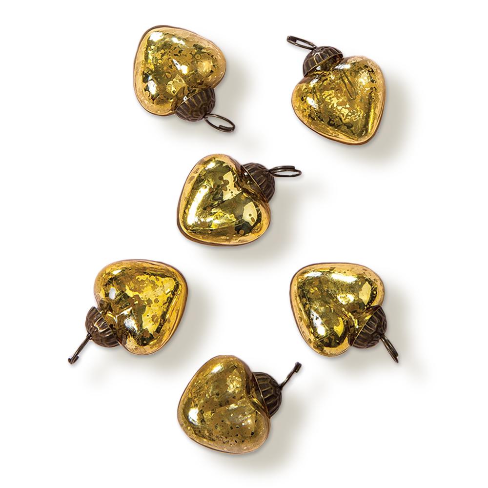 6 Pack | 1.5-Inch Gold Cora Mercury Glass Heart Ornaments Christmas Tree Decoration - LunaBazaar.com - Discover. Decorate. Celebrate.