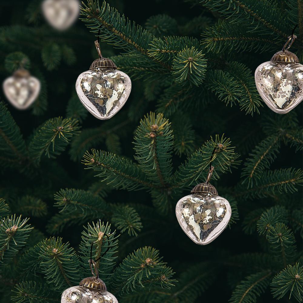 6 Pack | 1.5-Inch Silver Cora Mercury Glass Heart Ornaments Christmas Tree Decoration - LunaBazaar.com - Discover. Decorate. Celebrate.