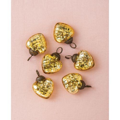 6 Pack | 1.25-Inch Gold Deidra Mercury Glass Lined Heart Ornaments Christmas Tree Decoration