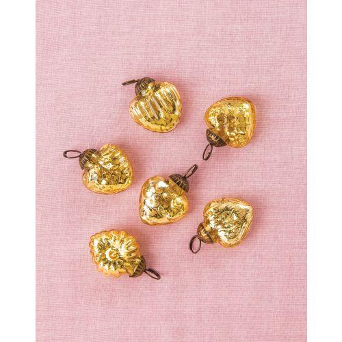 6 Pack | 1.5-Inch Gold Mini Mercury Glass Assorted Heart Ornaments Christmas Tree Decoration