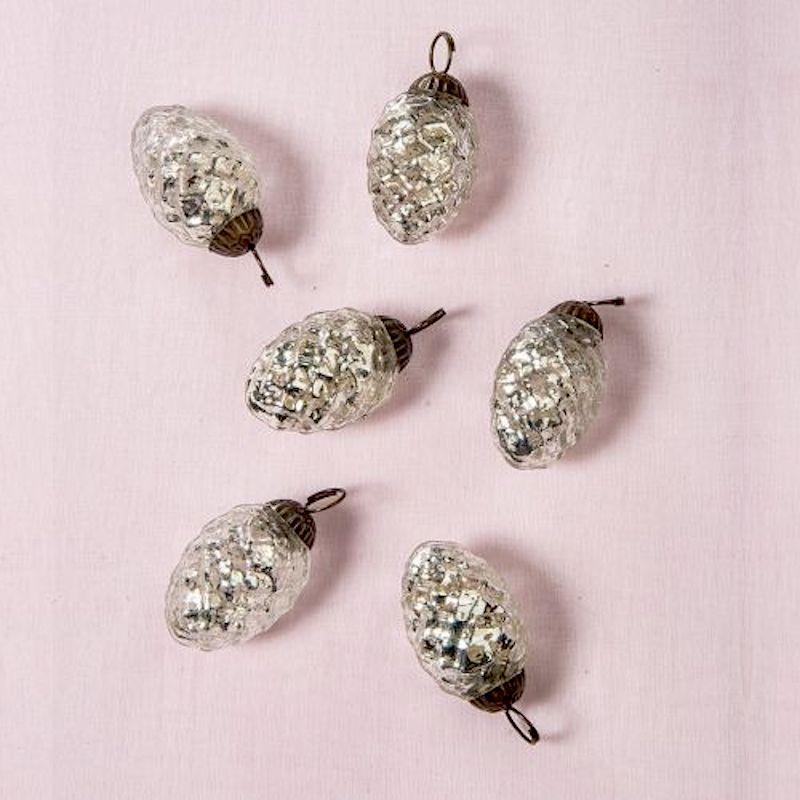 6 Pack | 1.5-Inch Silver Willow Mercury Glass Pine Cone Ornaments Christmas Tree Decoration