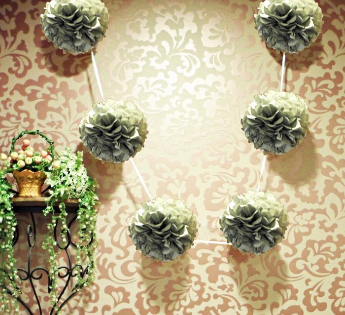 CLOSEOUT EZ-Fluff 6&quot; Silver Hanging Tissue Paper Flower Pom Pom, Party Garland Decoration - Luna Bazaar | Boho &amp; Vintage Style Decor