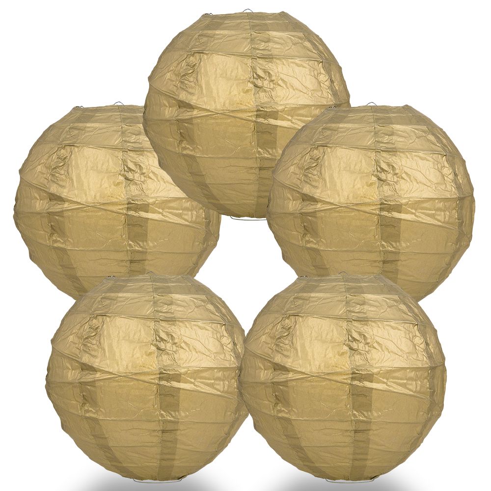 5-Pack 16 Inch Gold Free-Style Ribbing Round Paper Lantern - Luna Bazaar | Boho &amp; Vintage Style Decor