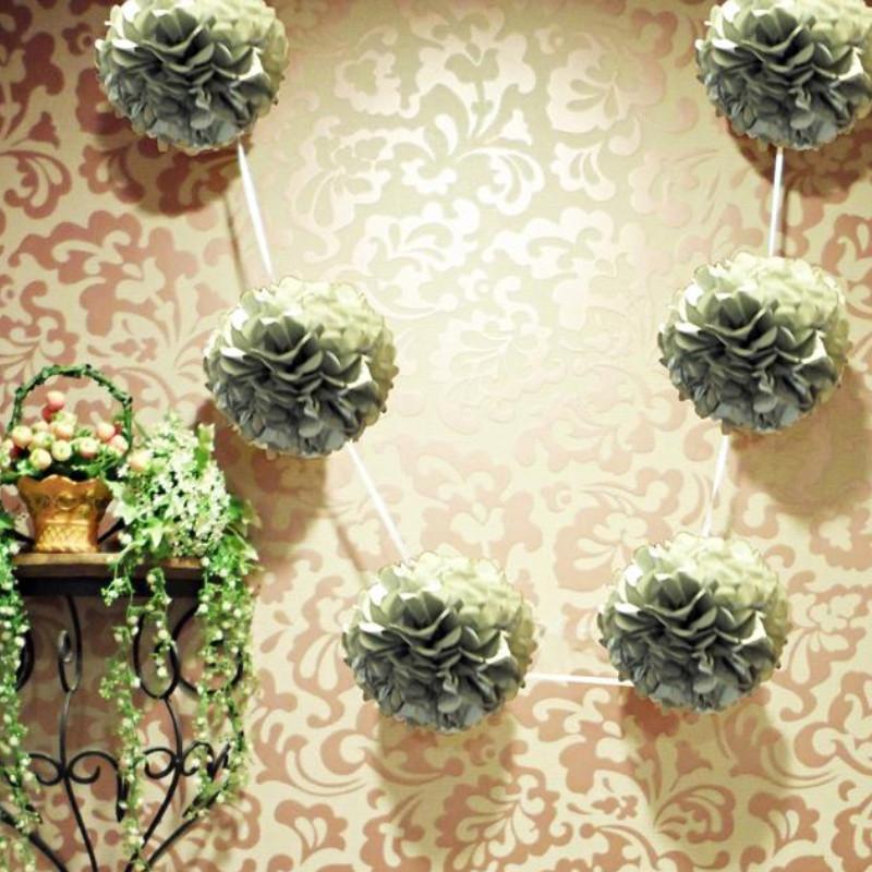 CLOSEOUT EZ-Fluff 6&quot; Silver Hanging Tissue Paper Flower Pom Pom, Party Garland Decoration - Luna Bazaar | Boho &amp; Vintage Style Decor