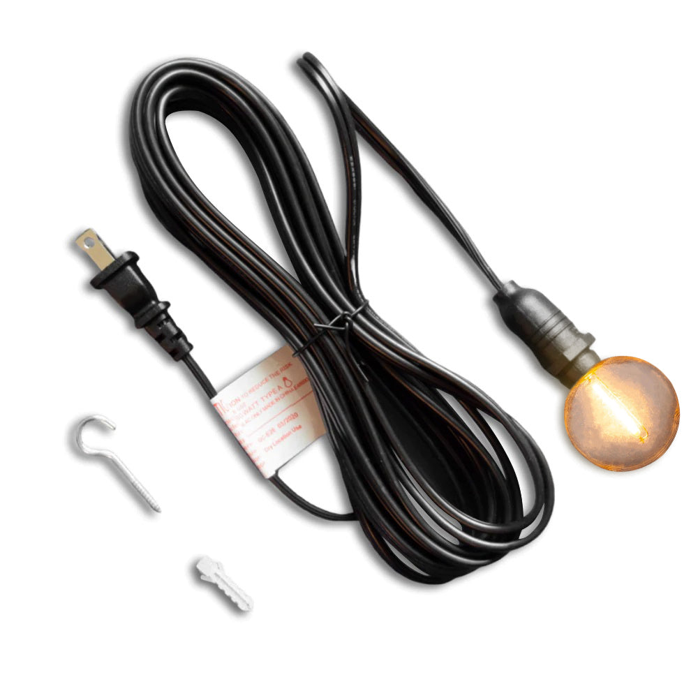 CORD + Shatterproof Bulb | Black Weatherproof Outdoor Pendant Light Lamp Cord Combo Kit, E12 Base, Warm White G50 Bulb