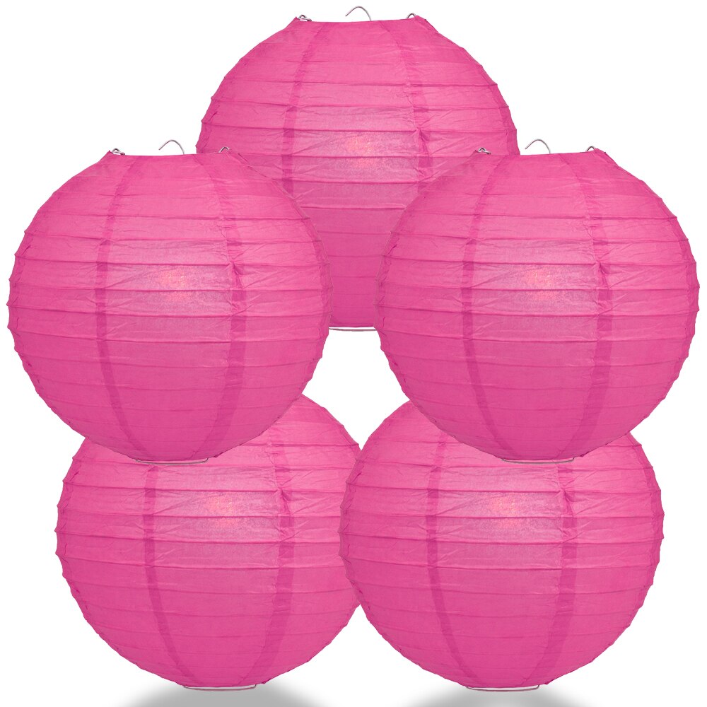 5-Pack 14 Inch Fuchsia / Hot Pink Parallel Ribbing Round Paper Lantern - Luna Bazaar | Boho &amp; Vintage Style Decor