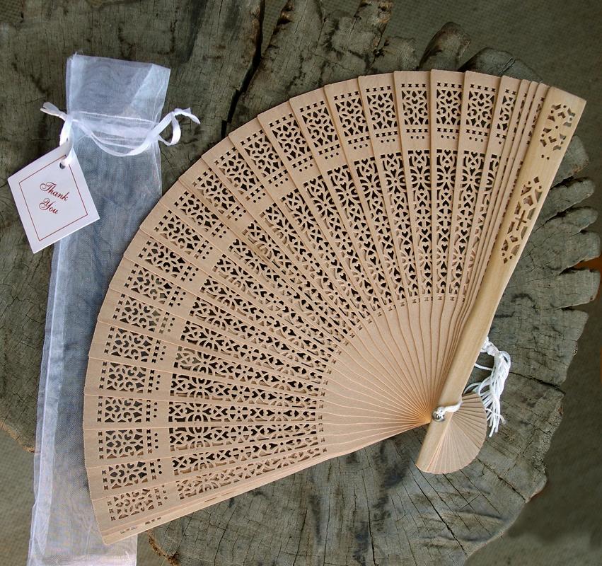 8&quot; Natural Beige / Ivory Tan Sandalwood Folding Hand Fan w/ Organza Bag for Weddings (10 PACK) - Luna Bazaar | Boho &amp; Vintage Style Decor