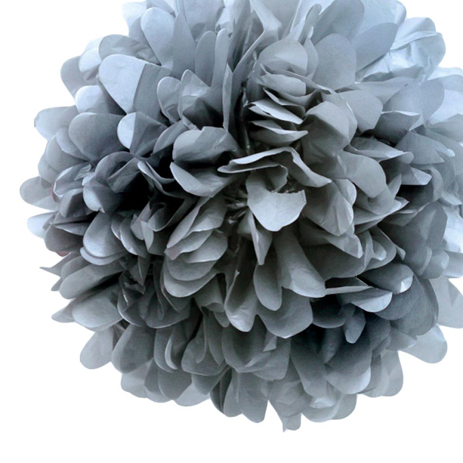 CLOSEOUT EZ-Fluff 8&quot; Silver Tissue Paper Pom Pom Flowers, Hanging Decorations (4 PACK) - Luna Bazaar | Boho &amp; Vintage Style Decor