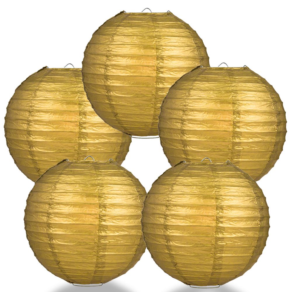 5-Pack 24 Inch Gold Parallel Ribbing Round Paper Lantern - Luna Bazaar | Boho &amp; Vintage Style Decor
