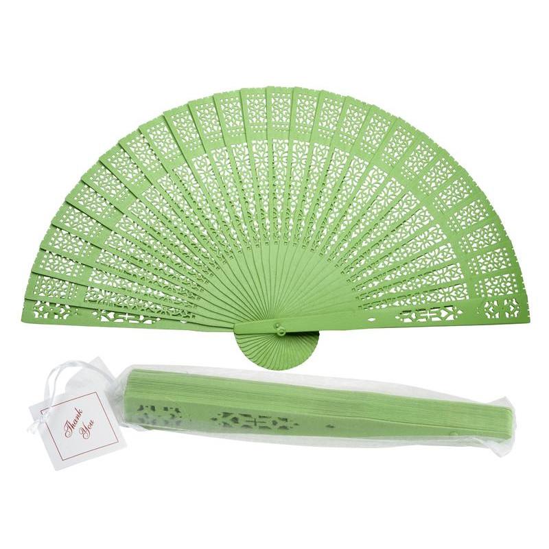 CLOSEOUT 8&quot; Light Lime Green Wood Panel Hand Fan w/ Organza Bag for Weddings - Luna Bazaar | Boho &amp; Vintage Style Decor