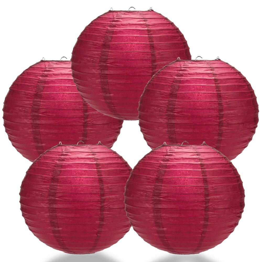 5-Pack 8 Inch Velvet Rose Red Parallel Ribbing Round Paper Lantern - Luna Bazaar | Boho &amp; Vintage Style Decor