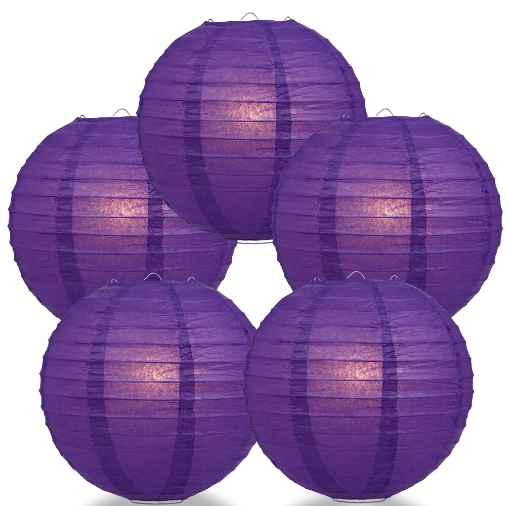 5-Pack 8 Inch Royal Purple Parallel Ribbing Round Paper Lantern - Luna Bazaar | Boho &amp; Vintage Style Decor