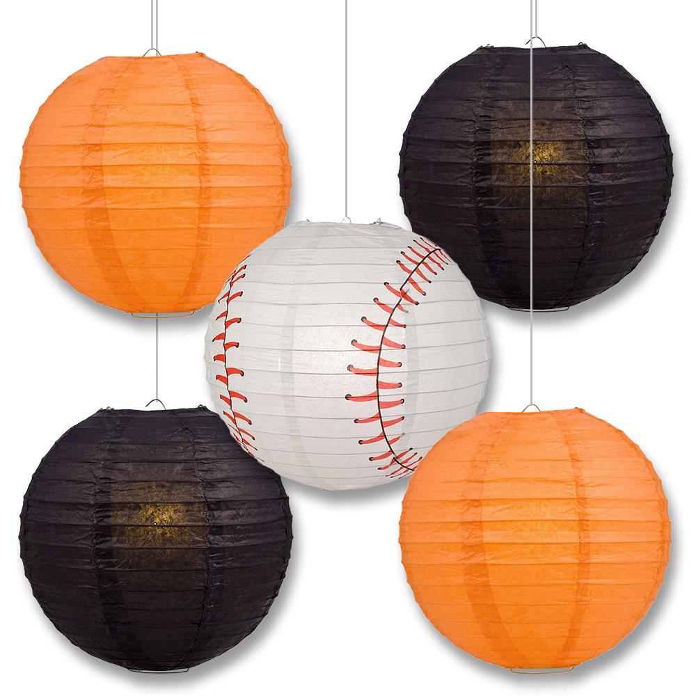 Baltimore Pro Baseball Orange &amp; Black 14-inch Paper Lanterns 5pc Combo Party Pack - Luna Bazaar | Boho &amp; Vintage Style Decor
