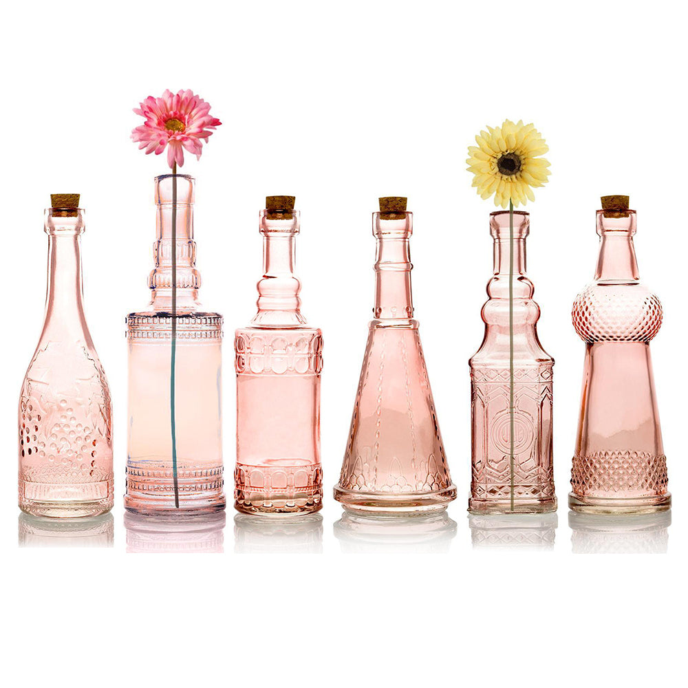Best of Show Pink Vintage Glass Bottles Set - (6 Pack, Assorted Designs) - Luna Bazaar | Boho &amp; Vintage Style Decor
