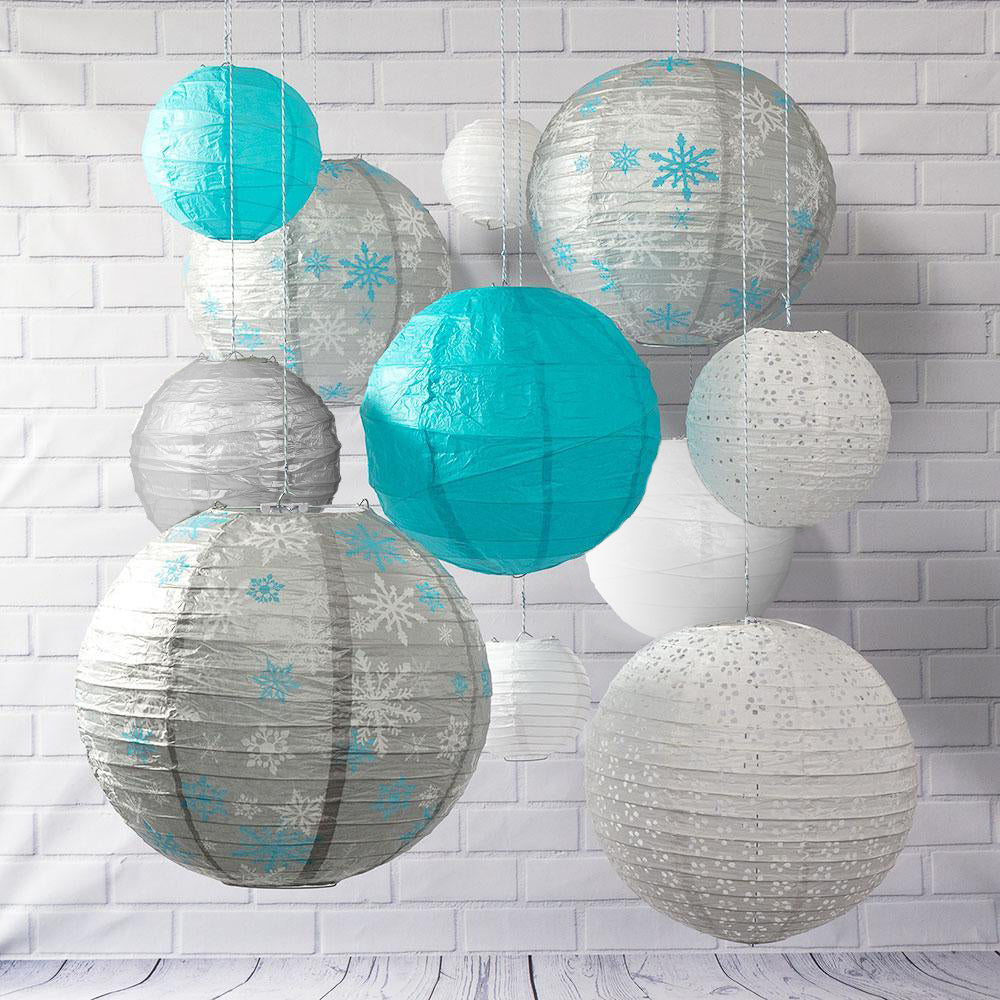11-pc Silver Frosted Holiday Christmas Party Pack Paper Lanterns Combo Set - Luna Bazaar | Boho &amp; Vintage Style Decor